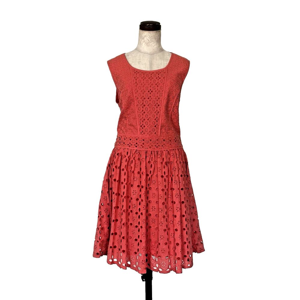 Yumi Coral Pink Eyelet Lace Fit & Flare Dress Size 10/12 Sleeveless 100% Cotton
